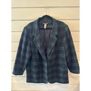 Vintage‎ Savannah Blue Green Wool Plaid Blazer Jacket Academia Women's 20